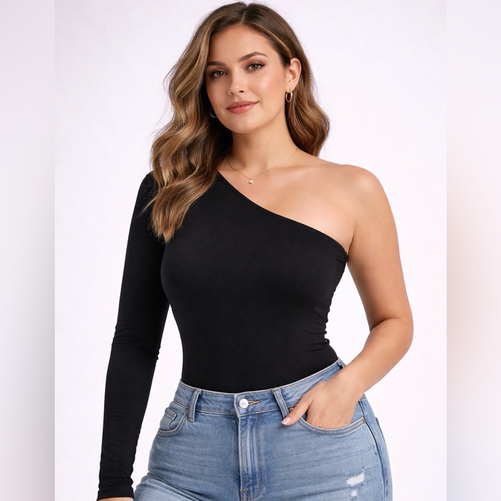 Nylon Apparel women’s Size S One Shoulder Bodysuit Black Long Sleeve USA (A445)✨